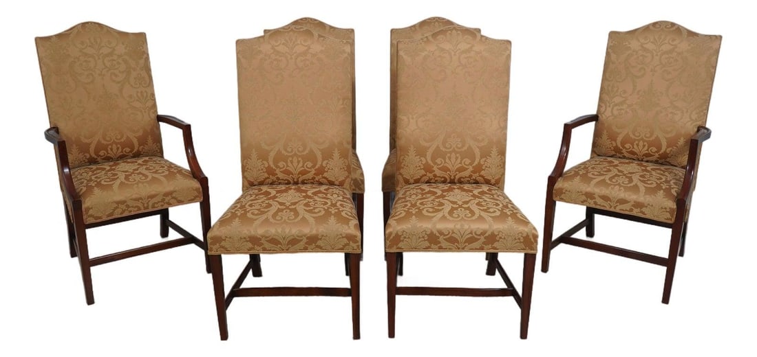 Set of 6 Georgian Mahogany Dining Chairs with Gold Damask Upholstery: Set of 6 Georgian Mahogany Dining Chairs with Gold Damask Upholstery Enhance your dining experience with this elegant set of 6 Georgian style dining chairs, expertly crafted from high-quality mahogany