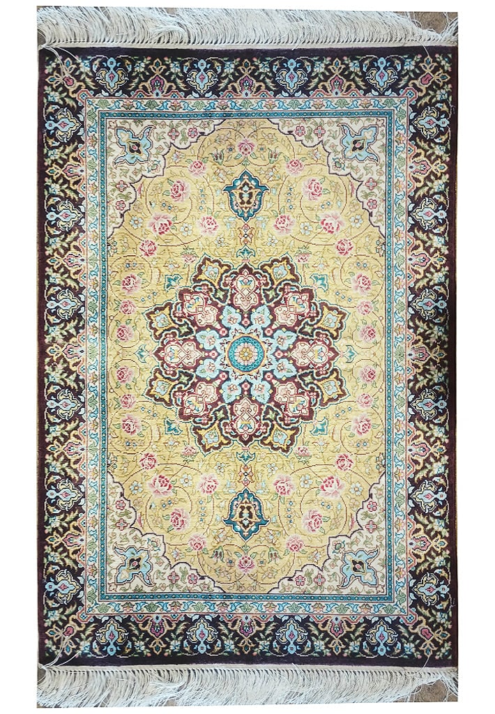 Handmade 2' x 3' Gold Silk Tabriz Area Rug: Handmade 2' x 3' Gold Silk Tabriz Area Rug Free continental US Shipping Transform your living space with this exquisite 2' x 3' Small Handmade Silk Rug in a radiant gold hue. Crafted from luxurious si
