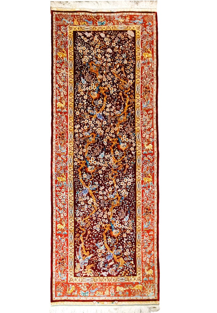 Elegant 6' x 2' Hand-Knotted Silk Runner Turkish Qum Design: Elegant 6' x 2' Hand-Knotted Silk Runner Turkish Qum Design Free continental US Shipping Elevate your home decor with this exquisite 6' x 2' (72 in x 24 in) Narrow Silk Runner. Hand-knotted with the f