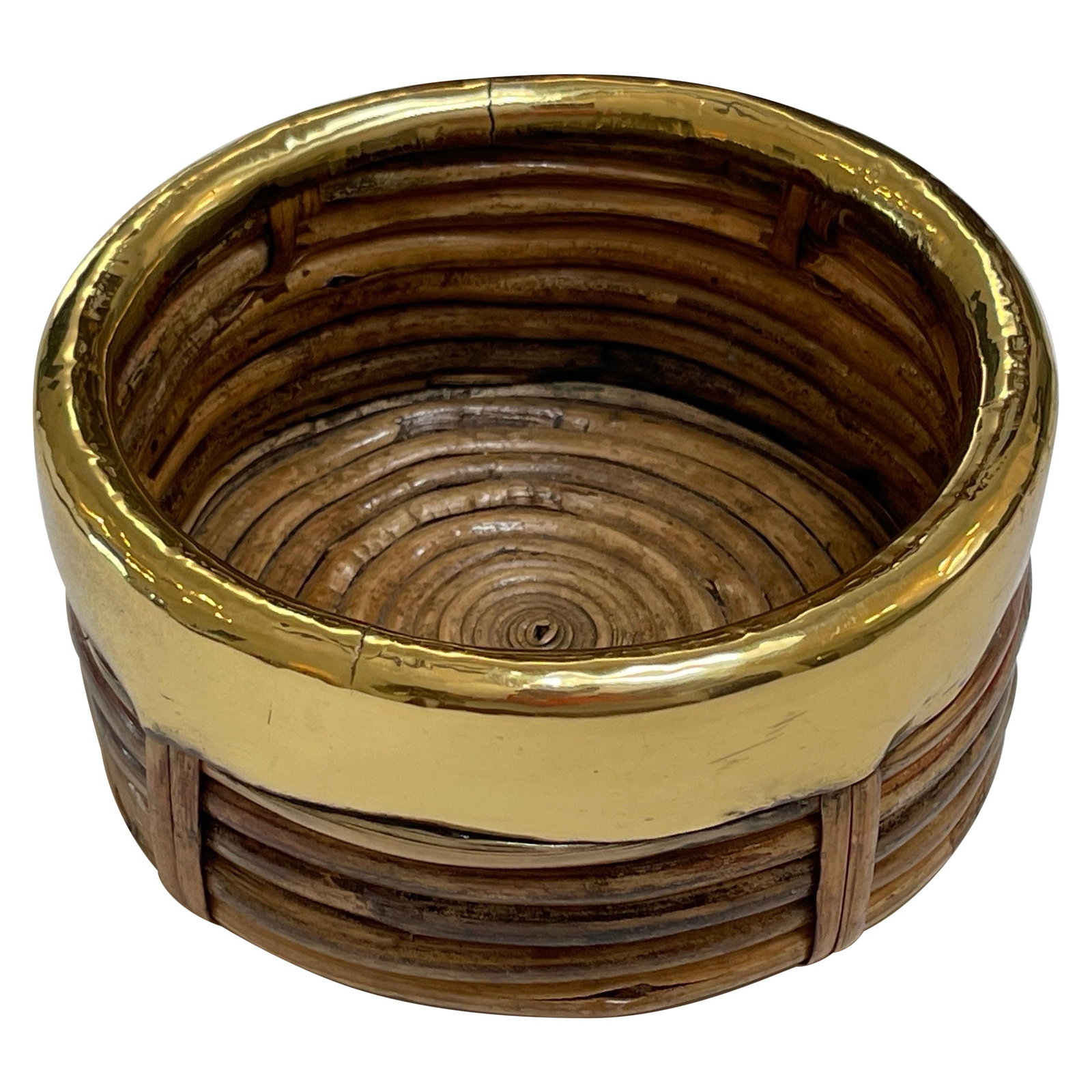 1970s Italian Mid-Century Modern Bamboo Rattan Wine Coaster Brass Rim (1 of 8)