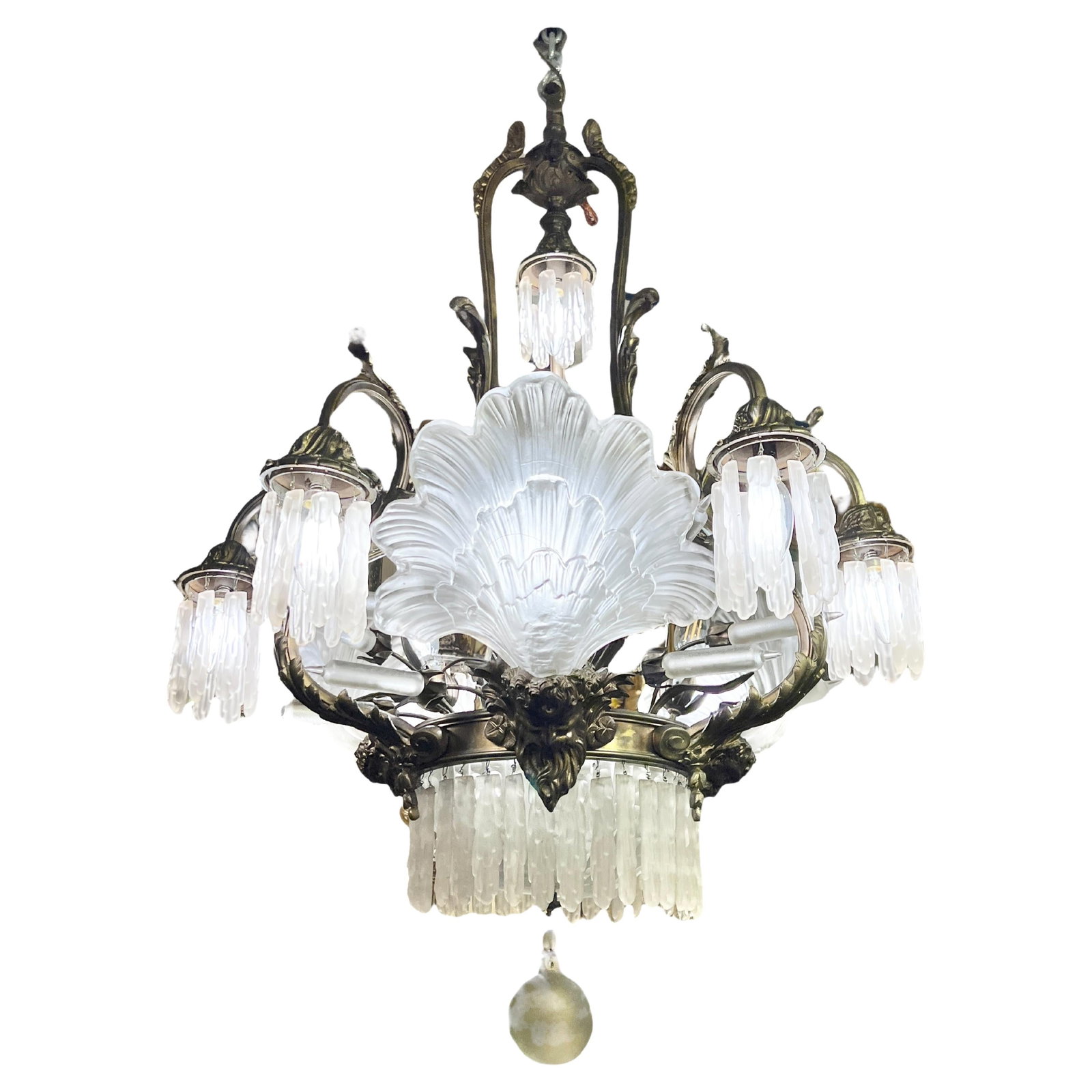 Neoclassical Bronze Chandelier with Frosted Glass Shell Shades c1910s: Neoclassical Bronze Chandelier with Frosted Glass Shell Shades c1910s This early 20th-century French chandelier is crafted in the Louis XV neoclassical style, featuring an antique bronze frame with gi