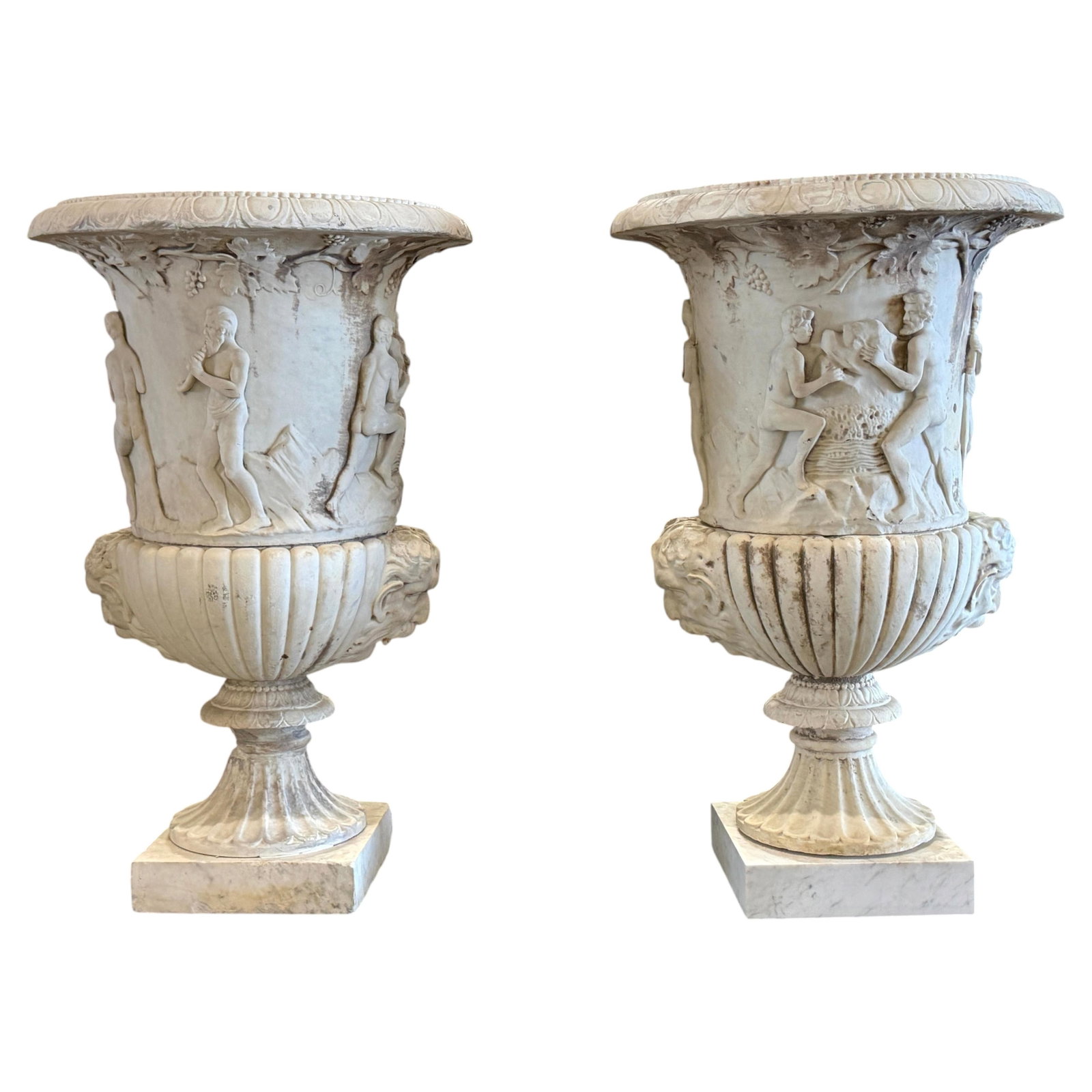 Set of Two Italian Marble Bacchanalian Urns 19th Century Hand Carved: Set of Two Italian Marble Bacchanalian Urns 19th Century Hand Carved This pair of 19th-century Italian marble garden urns features exquisite hand-carved craftsmanship inspired by the celebrated Borghe