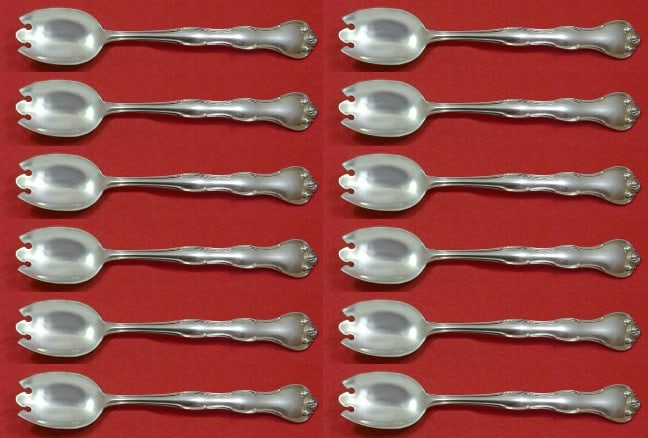 Gorham Rondo Sterling Silver Ice Cream Fork Set 12 pcs 5 7/8": Gorham Rondo Sterling Silver Ice Cream Fork Set 12 pcs 5 7/8" Indulge in the elegance of the Rondo pattern by Gorham with this exquisite 12-piece set of sterling silver ice cream dessert forks. Each f
