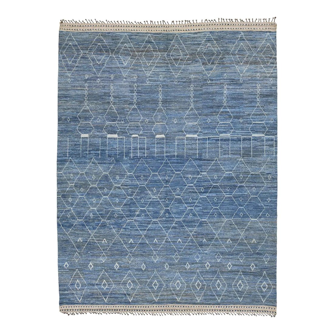 Handmade Moroccan Wool Rug Indigo Blue Geometric 11'11 x 15'9: Handmade Moroccan Wool Rug Indigo Blue Geometric 11'11 x 15'9 This handmade rug features a modern Moroccan-inspired design, crafted from 100% premium wool. The rich indigo blue background is accented 
