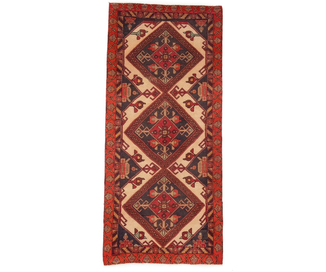 Hand-Knotted Wool Tribal Runner Rug 3'4 x 7'5 Vintage Floral: Hand-Knotted Wool Tribal Runner Rug 3'4 x 7'5 Vintage Floral This semi-antique Oriental runner rug features a stunning tribal design, perfect for enhancing your home decor. Measuring 3'4" x 7'5", this