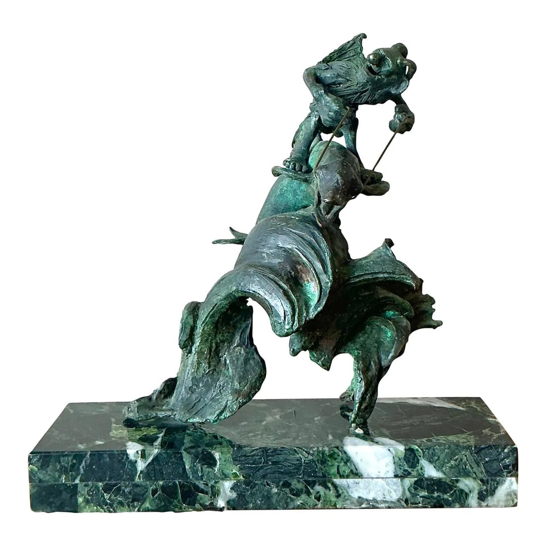 Surrealist Bronze Creature Sculpture on Marble Base with Green Patina: Surrealist Bronze Creature Sculpture on Marble Base with Green Patina This vintage bronze sculpture features a surrealist and bohemian design, depicting a winged fantastical creature perched atop a do