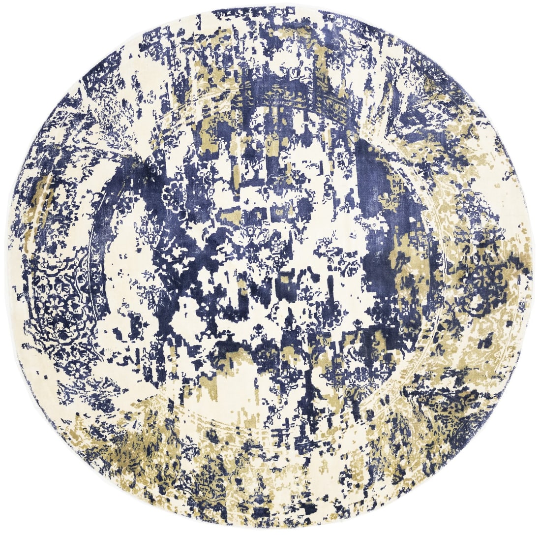 Round Modern Bamboo Silk Area Rug 5'9 Abstract Hand-Loomed Cream Carpet: Round Modern Bamboo Silk Area Rug 5'9 Abstract Hand-Loomed Cream Carpet This hand-loomed round rug features a modern abstract pattern in cream, beige, and purple-navy tones. Made from bamboo silk and 