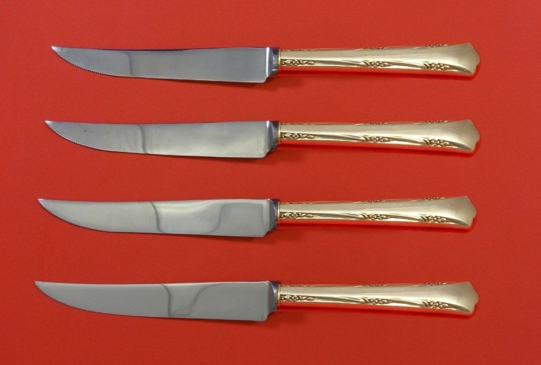 Gorham Greenbrier Sterling Silver Steak Knife Set 4pc 8.5 inch Custom: Gorham Greenbrier Sterling Silver Steak Knife Set 4pc 8.5 inch Custom Enhance your dining experience with this exquisite 4-piece steak knife set in the Greenbrier pattern by Gorham. Crafted from sterl