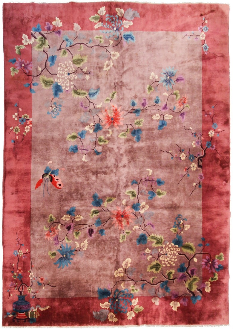 Handmade Wool Art Deco Chinese Area Rug Tree of Life 9x12: Handmade Wool Art Deco Chinese Area Rug Tree of Life 9x12 This rare antique Art Deco Chinese area rug, dating to circa 1920, features a striking Tree of Life motif with a floral pattern, including vas