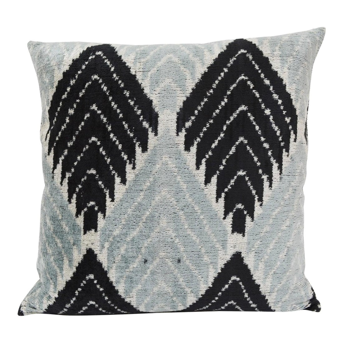 Black Silk Ikat Velvet Square Pillow with Linen Backing: Black Silk Ikat Velvet Square Pillow with Linen Backing This hand-made square pillow cushion features a luxurious silk Uzbek Ikat velvet front, complemented by a natural linen backing and a hidden zip
