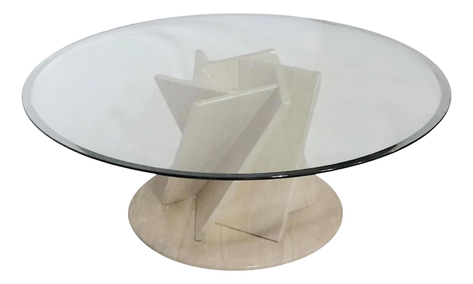 Chic Postmodern Italian Travertine and Glass Coffee Table 1970s: Chic Postmodern Italian Travertine and Glass Coffee Table 1970s This chic postmodern coffee table showcases a stunning combination of travertine marble and tempered glass, crafted in Italy circa 1970/