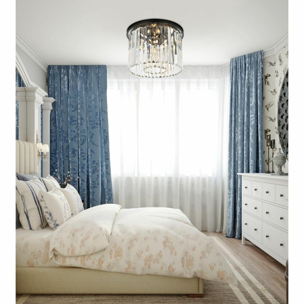 Sydney 6 Light Crystal Flush Mount Matte Black 20 in: Sydney 6 Light Crystal Flush Mount Matte Black 20 in Modern contemporary 6-light flush mount chandelier with a matte black finish and clear royal cut crystals. It is designed for indoor installation a