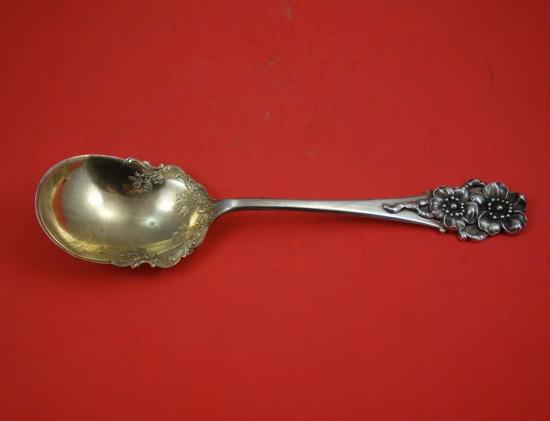 Shreve Sterling Silver Casserole Spoon Gold Washed Floral Design 10 1/2" (1 of 3)