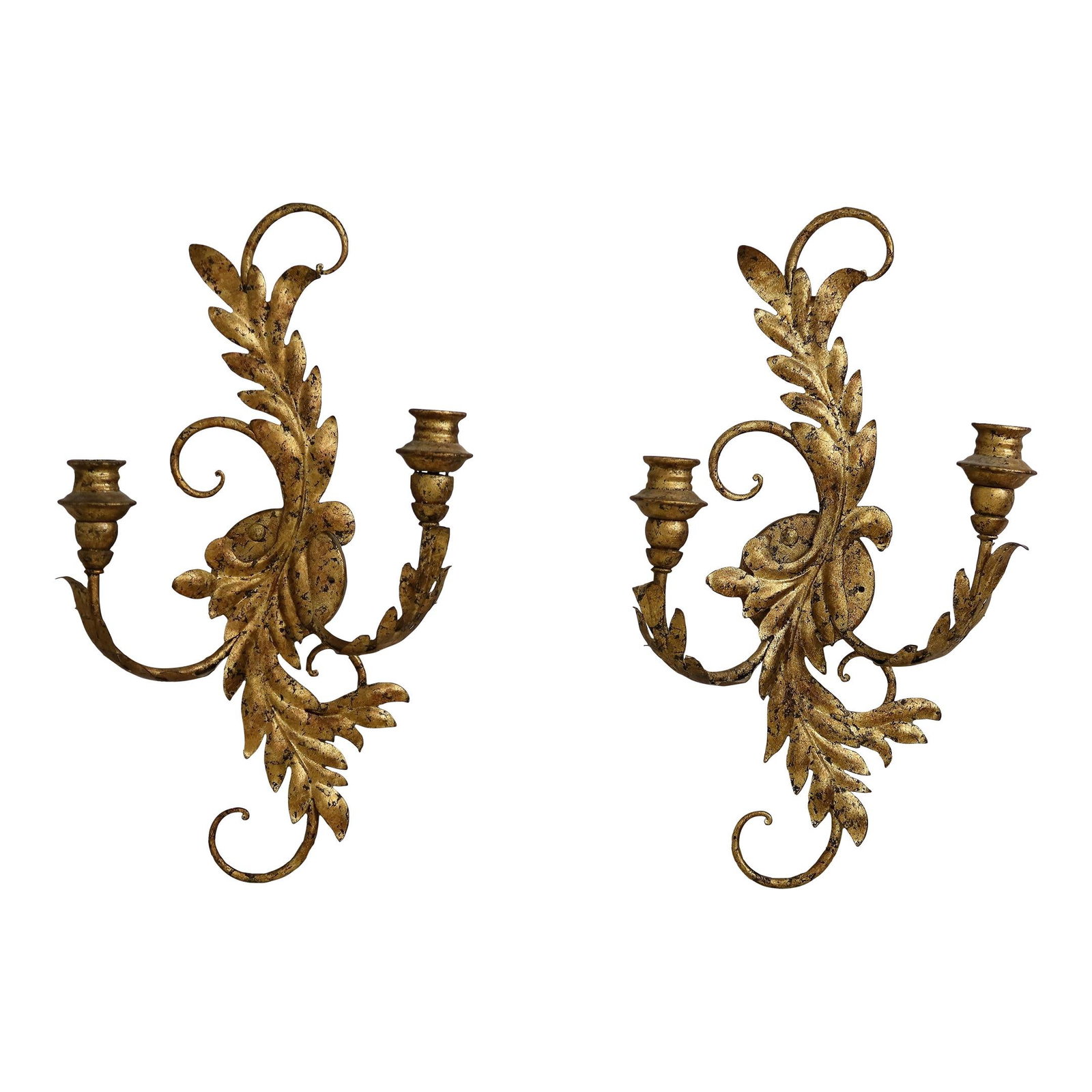 Elegant Pair of French Gold Gilt Metal Candelabra Sconces: Elegant Pair of French Gold Gilt Metal Candelabra Sconces Enhance your decor with this exquisite pair of French style gold gilt metal candelabra sconces. Perfectly designed for wall mounting, these el