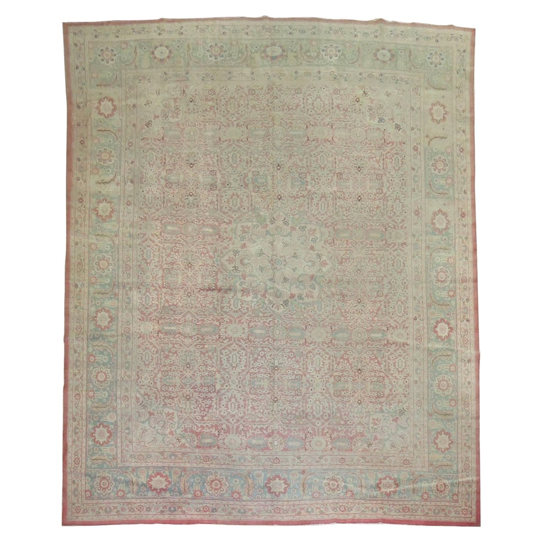 Zabihi Collection Hand-Knotted Tabriz Rug Pink Mint Green 11'2'' x 14'2'': Zabihi Collection Hand-Knotted Tabriz Rug Pink Mint Green 11'2'' x 14'2'' Discover the exquisite craftsmanship of this fine Indian Amritsar rug from the early 20th century. Hand-knotted from high-qual