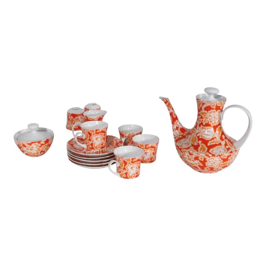Set of 13 Flamenco Pattern China Tea Service by Block Espana Bidasoa Spain: Set of 13 Flamenco Pattern China Tea Service by Block Espana Bidasoa Spain This mid-20th century Scandinavian tea set by BLOCK Espana features the Flamenco pattern, crafted from fine china in a vibran