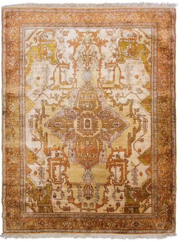 Antique Silk Heriz Serapi Hand Knotted Rug 117cm x 148cm: Antique Silk Heriz Serapi Hand Knotted Rug 117cm x 148cm This rare antique Persian Serapi design rug is a hand-knotted tapestry crafted from 100% natural silk, including both the pile and foundation. 