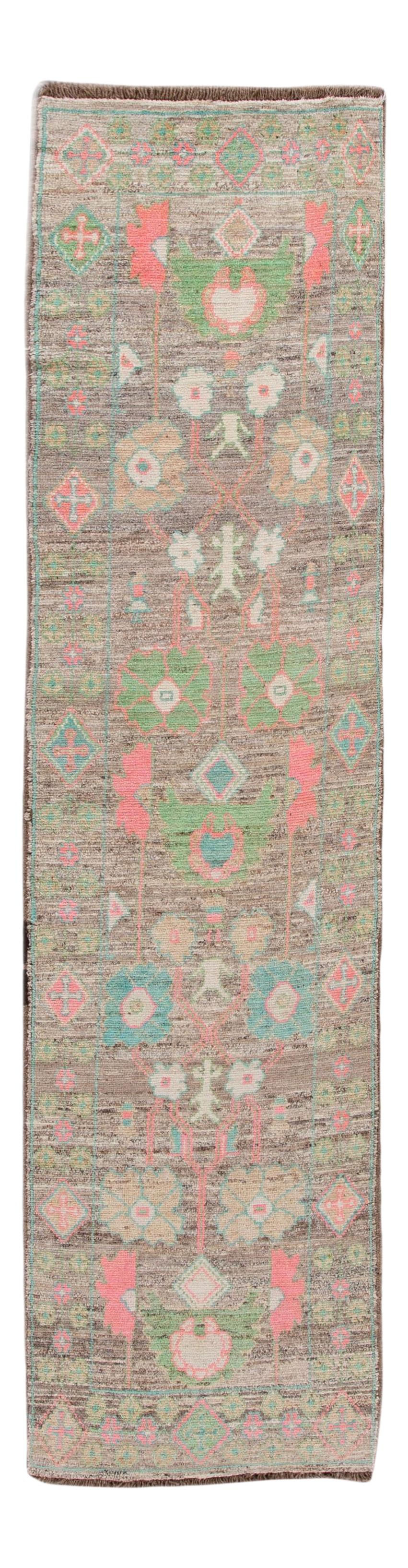 Handmade Modern Oushak Wool Runner 2'10 x 11 Brown Pink Green Blue: Handmade Modern Oushak Wool Runner 2'10 x 11 Brown Pink Green Blue Enhance your space with this stunning Modern Oushak Turkish handmade wool runner. Featuring a rich brown field, this exquisite piece 