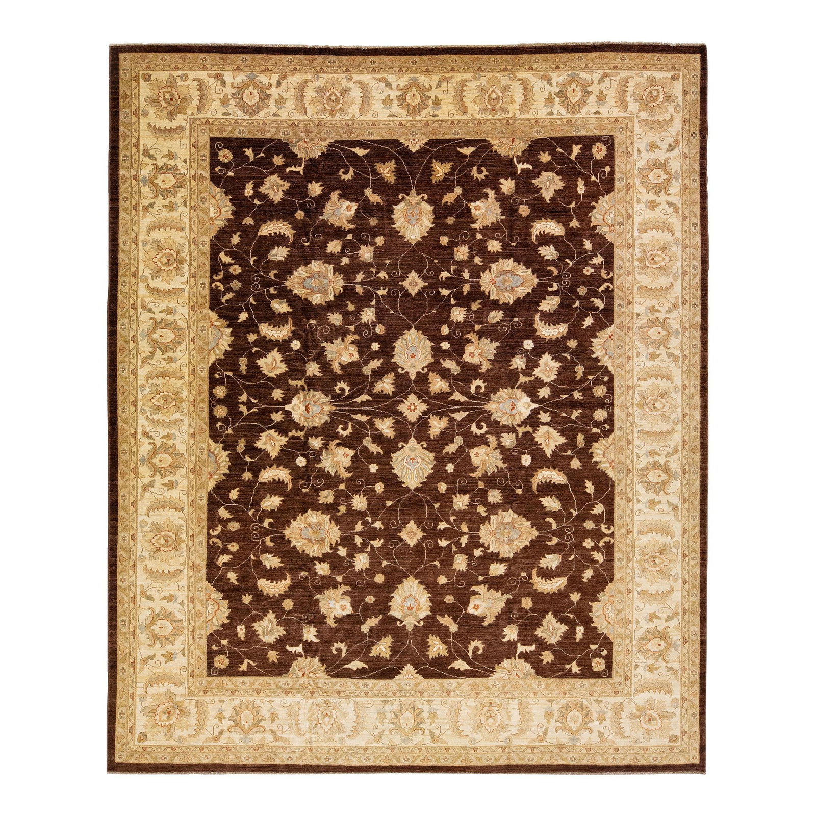 Brown Handmade Wool Peshawar Rug with Palmettes Design 12'4 x 14'8: Brown Handmade Wool Peshawar Rug with Palmettes Design 12'4 x 14'8 Enhance your living space with this stunning Brown Modern Peshawar Handmade Wool Rug. This exquisite hand-knotted rug features a rich
