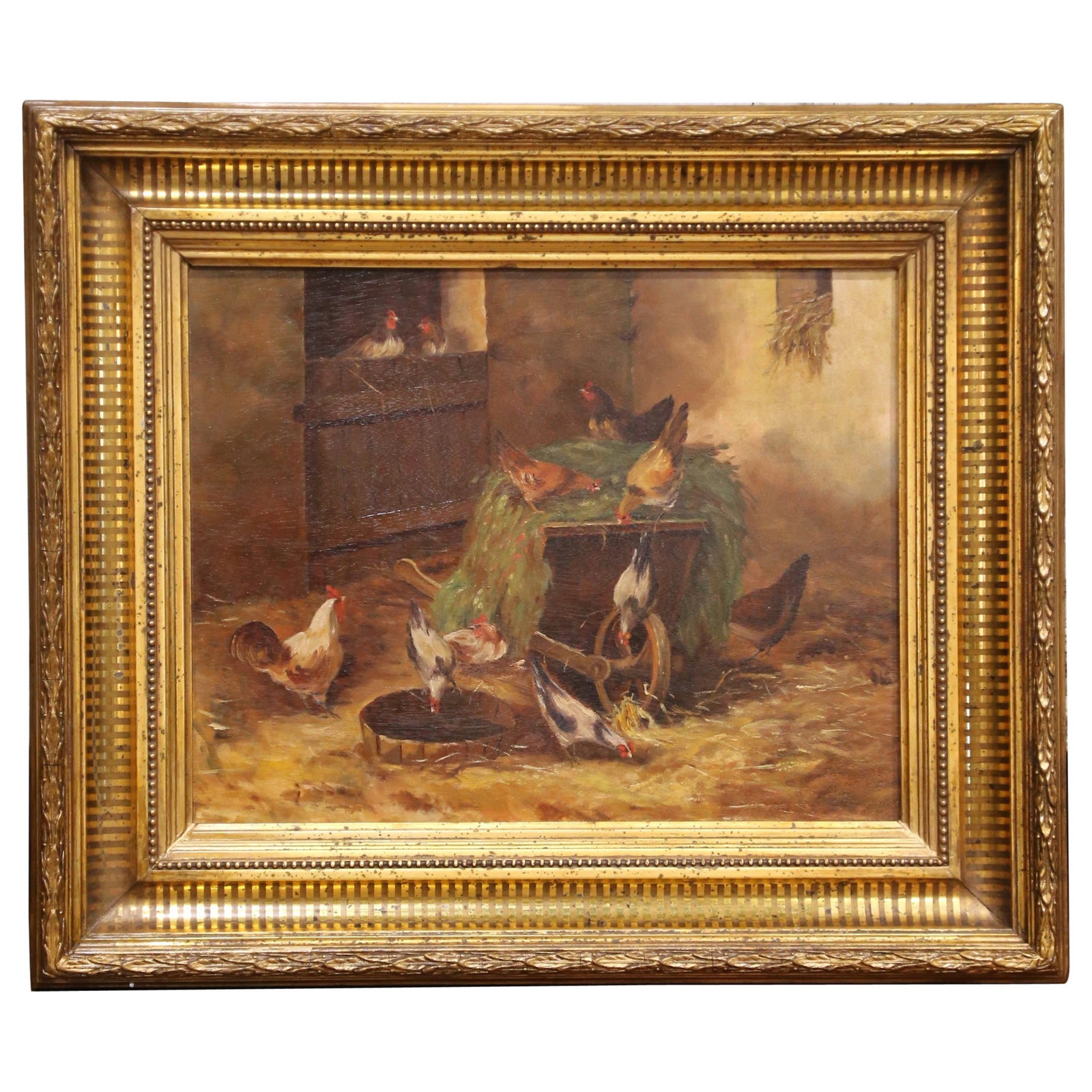 Antique French Country Scene Oil Painting Signed H Forestier in Ornate Gilt Frame: Antique French Country Scene Oil Painting Signed H Forestier in Ornate Gilt Frame This late 19th century French oil on canvas features a lively barnyard scene with chickens and a rooster gathered arou