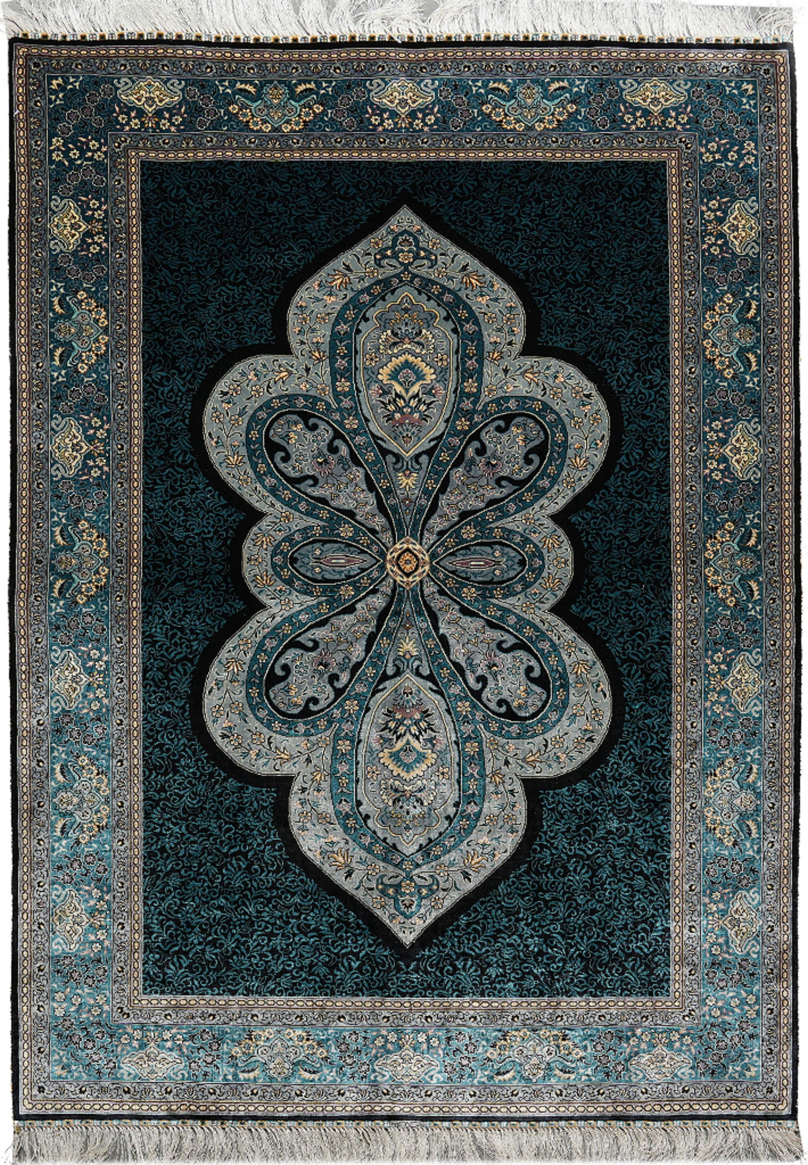 4 x 6 Hereke Pattern Bamboo Silk Handcrafted Carpet: 4 x 6 Hereke Pattern Bamboo Silk Handcrafted Carpet Free continental US Shipping This 4 x 6 Hereke Pattern Bamboo Silk Carpet is handcrafted with a smooth, luminous bamboo silk pile and a detailed Her