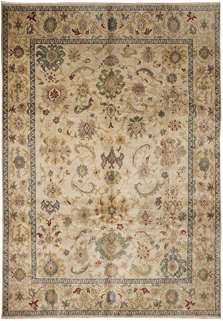 Hand-Knotted Peshawar Rug 110 x 156 in Beige Green Wool Zigler Pattern: Hand-Knotted Peshawar Rug 110 x 156 in Beige Green Wool Zigler Pattern Free continental US Shipping This 9.2 x 13 ft Peshawar carpet features a traditional design in a harmonious beige and green palet