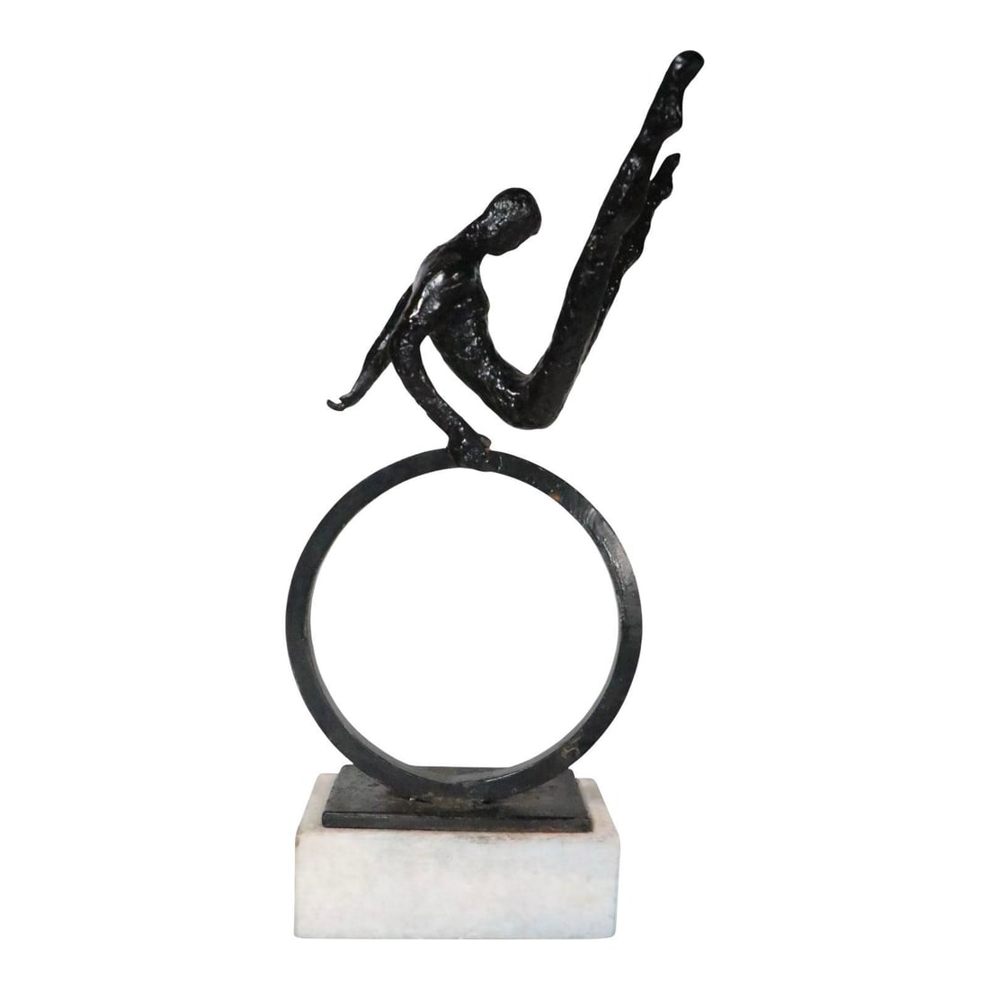 Ester Wertheimer Brutalist Acrobat Sculpture Iron on Granite Base: Ester Wertheimer Brutalist Acrobat Sculpture Iron on Granite Base This striking Brutalist sculpture, attributed to Ester Wertheimer, features a stylized acrobat poised on a hoop, elegantly mounted on 