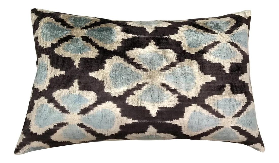 Sky Blue Silk Ikat Velvet Decorative Pillow With Linen Backing 16x24: Sky Blue Silk Ikat Velvet Decorative Pillow With Linen Backing 16x24 This hand made Silk Uzbek Ikat velvet pillow cushion features a sky blue design with a natural linen backing and a hidden zipper. I