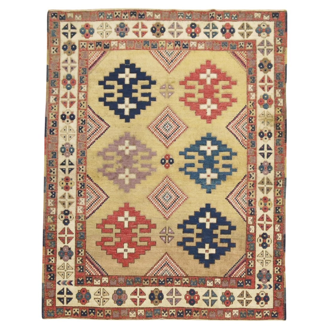 Vintage Kazak Turkish Accent Rug Hand-Knotted Wool 53 x 63: Vintage Kazak Turkish Accent Rug Hand-Knotted Wool 53 x 63 Enhance your space with this exquisite Vintage Turkish Tribal Caucasian Derived Square Accent Rug. Crafted in the late 20th century, this stu