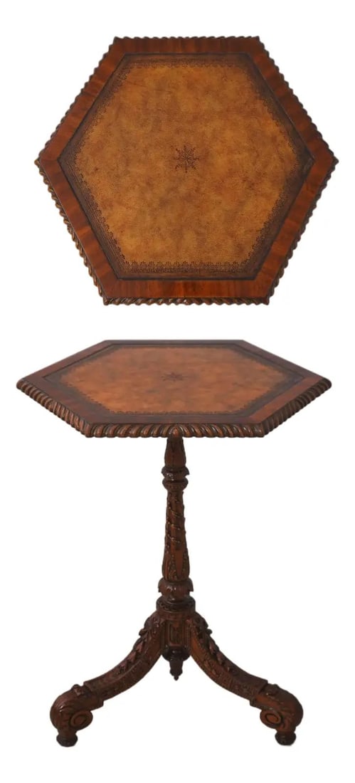 Maitland Smith Mahogany Hexagon Pedestal Table with Leather Top: Maitland Smith Mahogany Hexagon Pedestal Table with Leather Top Enhance your space with this exquisite Maitland Smith mahogany pedestal table, featuring a beautifully carved hexagonal design. The tabl