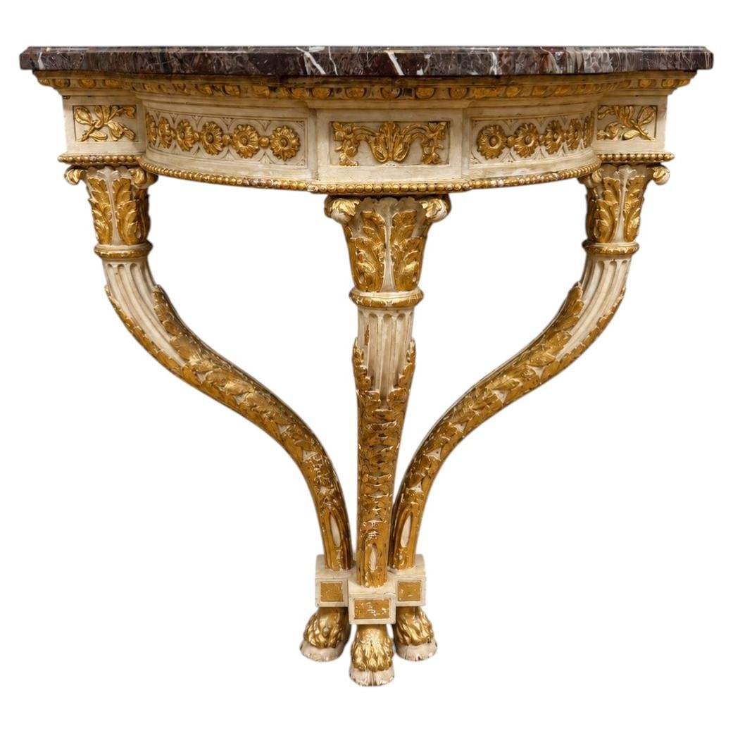 18th Century Italian Rococo Parcel-Gilt Marble Console Table: 18th Century Italian Rococo Parcel-Gilt Marble Console Table This exceptional 18th-century Italian Rococo demilune console table features a richly patterned rouge, gray, and white marble top set over 