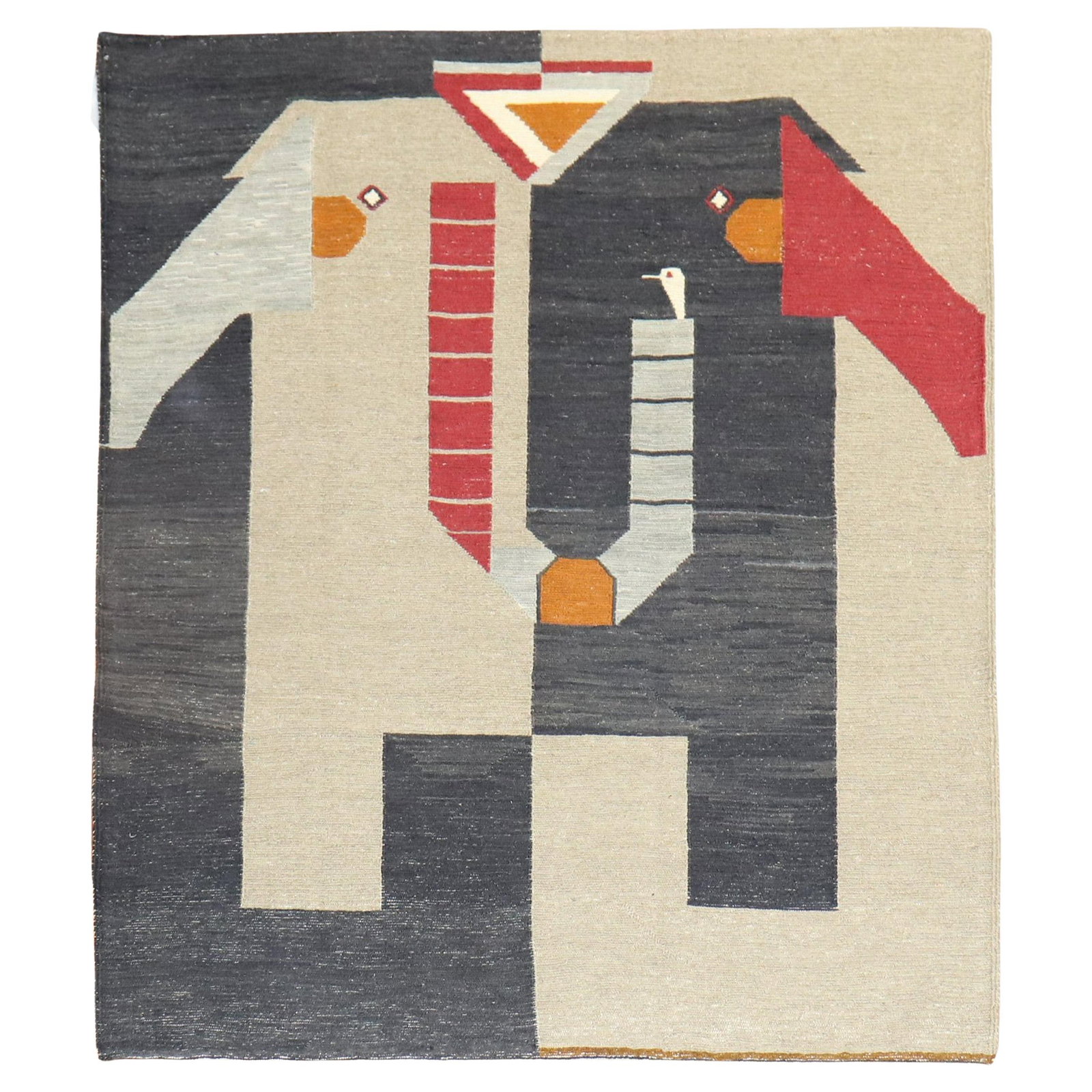 Unique Elephant Face Persian Kilim Wool Mid-Century Modern 41 x 50: Unique Elephant Face Persian Kilim Wool Mid-Century Modern 41 x 50 This striking Elephant Face Persian Kilim features an abstract design showcasing a pigeon within an elephant's face, reflecting a uni