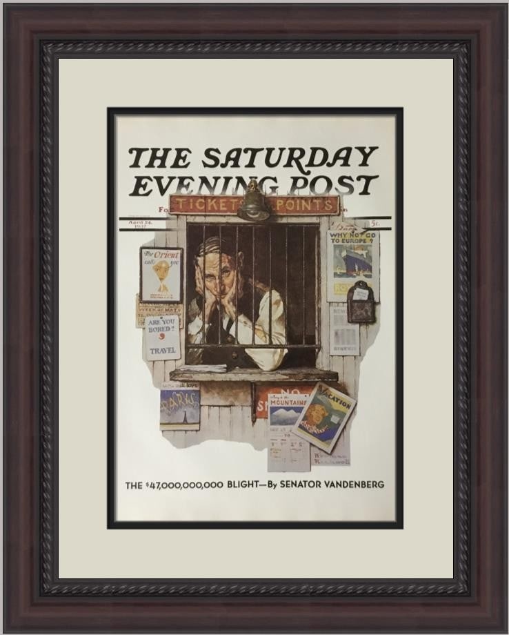Norman Rockwell Ticket Agent Framed Print 1979 Americana Art: Norman Rockwell Ticket Agent Framed Print 1979 Americana Art This custom framed print titled "Ticket Agent" by renowned artist Norman Rockwell captures a moment of Americana. Produced in 1979, this me