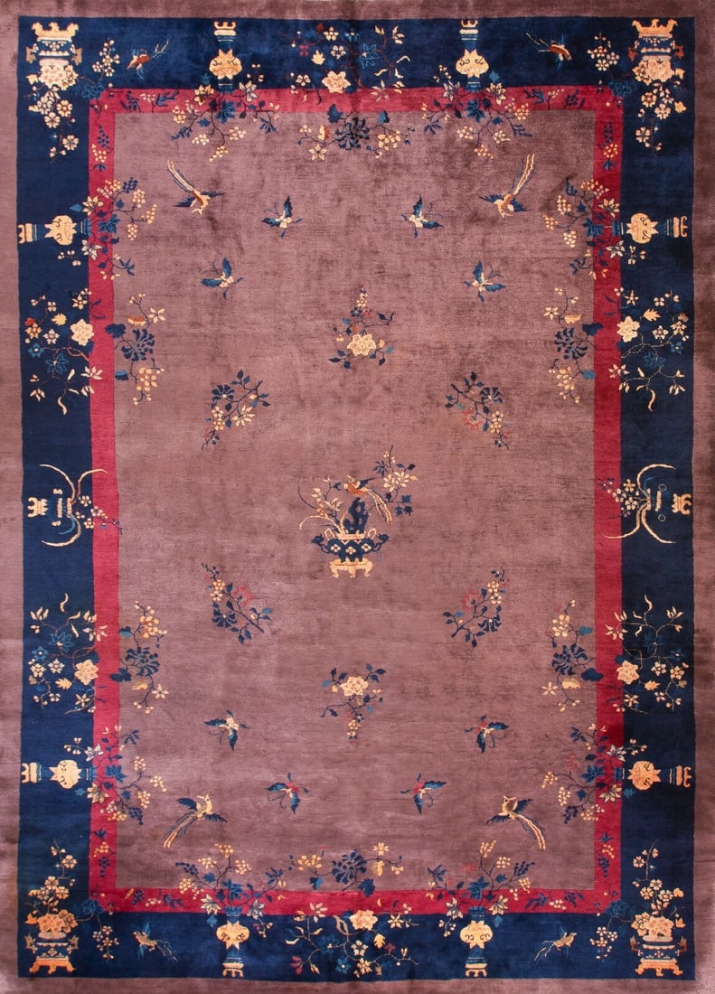Circa 1920 Chinese Wool Art Deco Area Rug Bird Floral Pattern 10 x 14: Circa 1920 Chinese Wool Art Deco Area Rug Bird Floral Pattern 10 x 14 This rare antique Art Deco rug from China, dating to circa 1920, is handmade using 100% hand-knotted wool with a cotton foundation