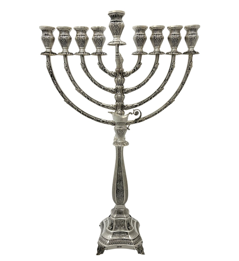 Large 925 Sterling Silver Handmade Chased Leaf Menorah: Large 925 Sterling Silver Handmade Chased Leaf Menorah This exquisite large menorah is crafted from 925 sterling silver, showcasing intricate handmade chased leaf applique designs that beautifully con