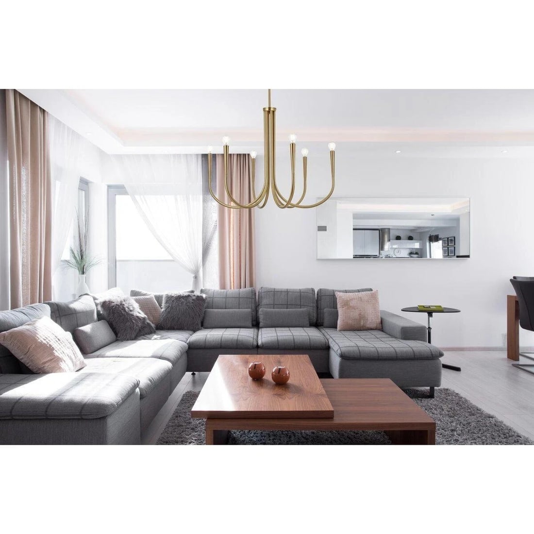 Living District Layne 30 in 6 Light Gold Farmhouse Chandelier: Living District Layne 30 in 6 Light Gold Farmhouse Chandelier Farmhouse-style 6-light chandelier ceiling fixture in goldish/satin gold finish with a metal frame. It is hardwired, dimmable, and designe