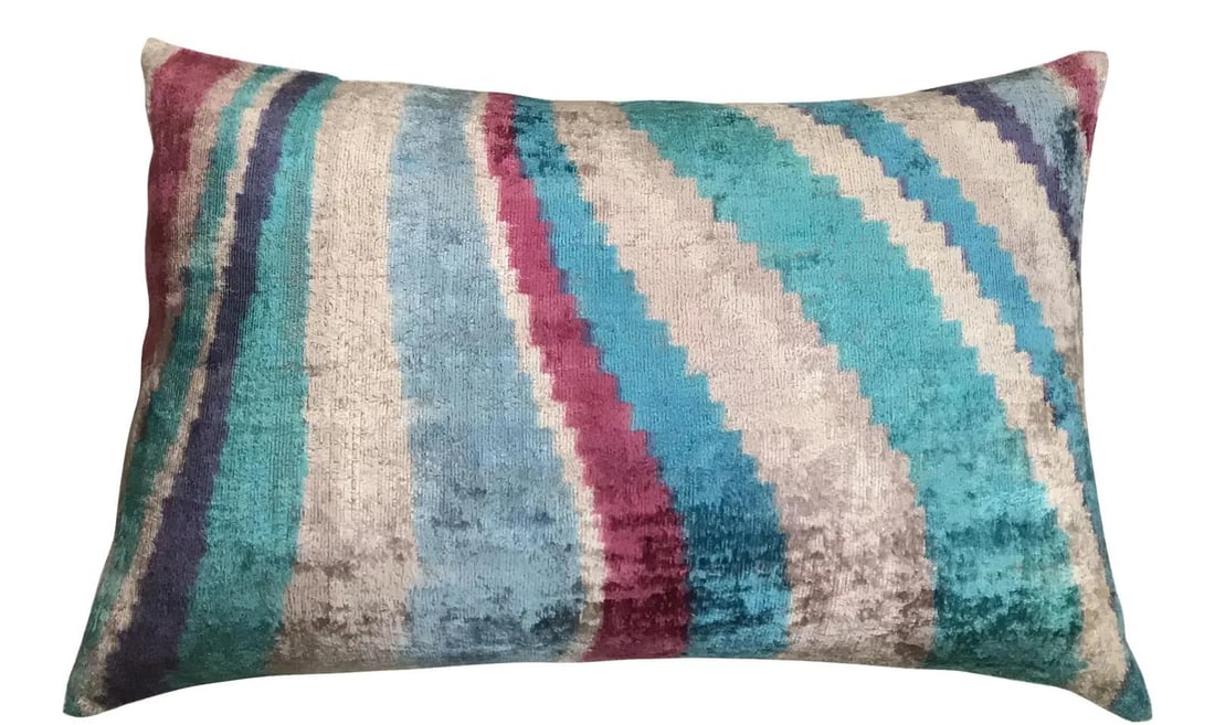 Blue Silk Uzbek Ikat Velvet Pillow with Feather Insert 16x24: Blue Silk Uzbek Ikat Velvet Pillow with Feather Insert 16x24 This hand made Silk Uzbek Ikat velvet pillow cushion features a striking blue design, crafted with a natural linen backing and a hidden zip