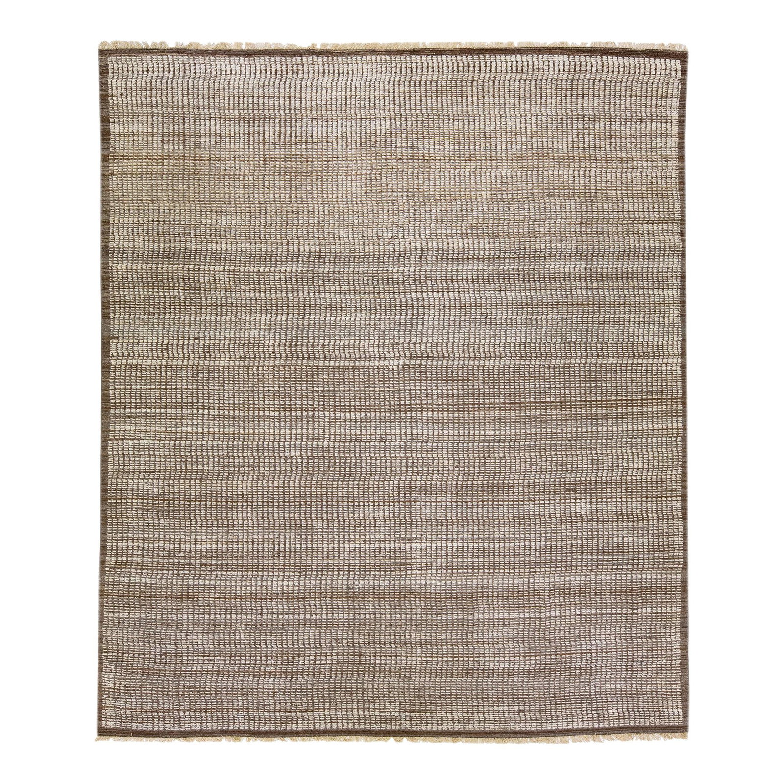 Handmade Wool Moroccan Rug Brown Geometric Design 12'5 x 14'7: Handmade Wool Moroccan Rug Brown Geometric Design 12'5 x 14'7 Enhance your living space with this exquisite modern Moroccan style hand-knotted wool rug. Featuring a warm brown field, it showcases a go