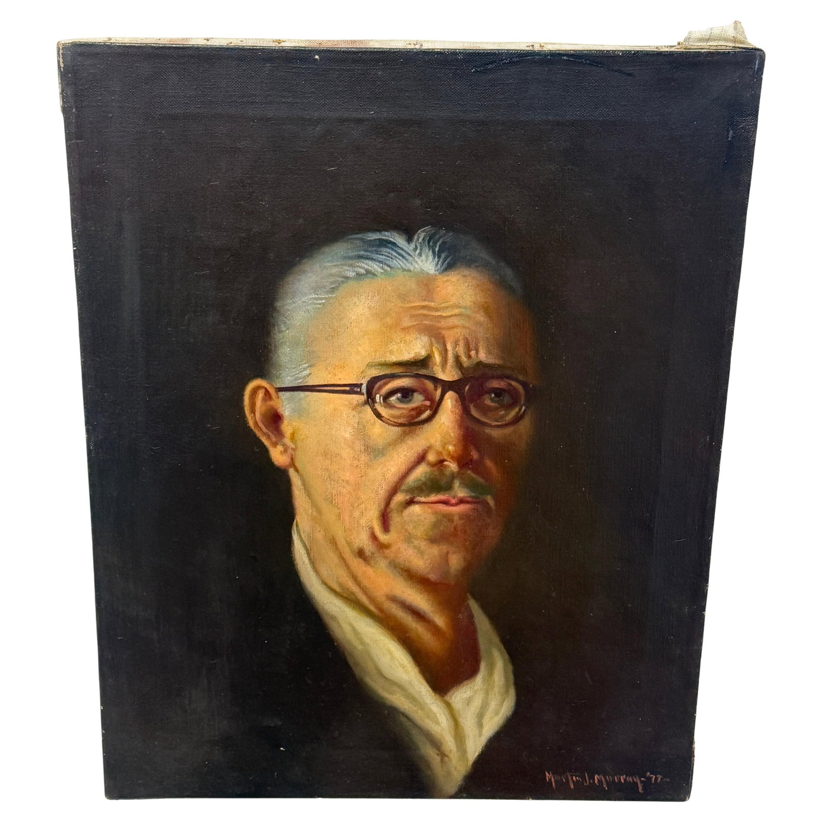 1977 Oil on Canvas Self Portrait by Martin J. Murray: 1977 Oil on Canvas Self Portrait by Martin J. Murray This oil on canvas painting, created by Martin J. Murray in 1977, is an intimate self-portrait executed in a mid-century modern style. The artist d