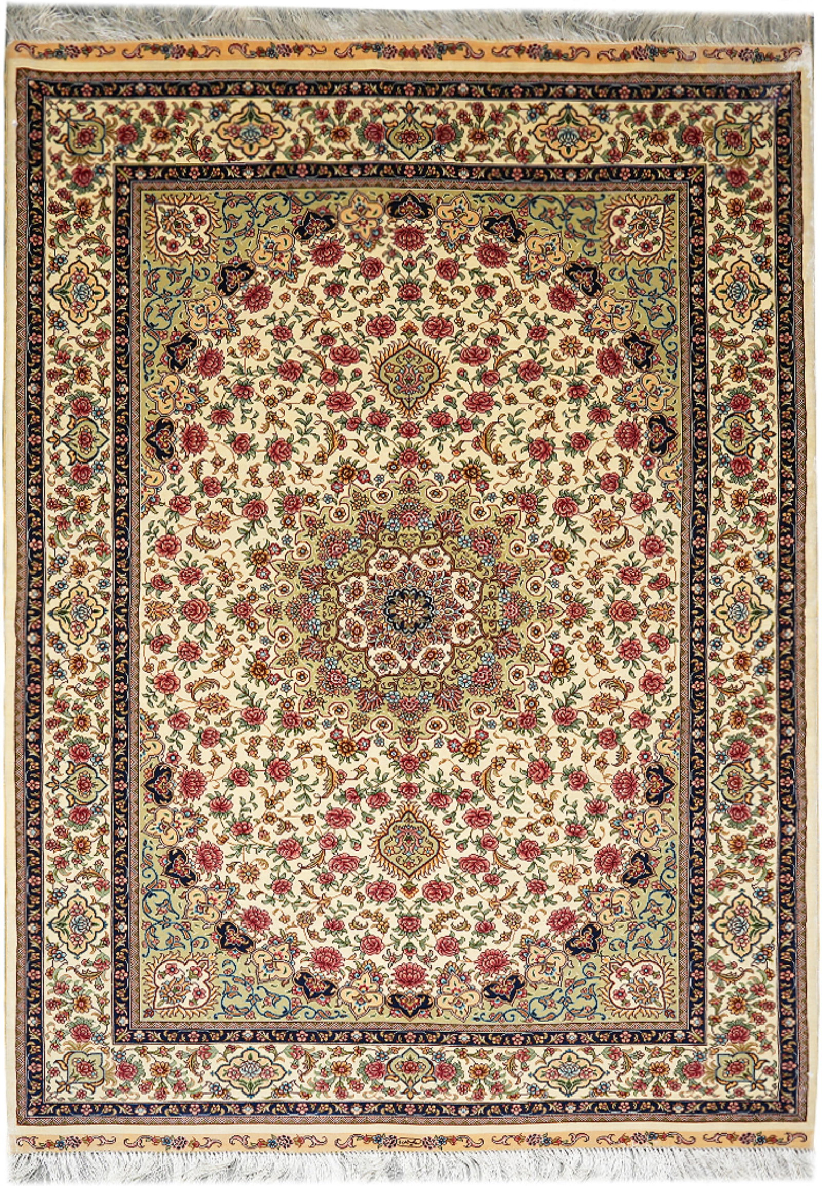 4 x 6 Black Hand-Knotted Silk Rug with Floral Accents: 4 x 6 Black Hand-Knotted Silk Rug with Floral Accents Free continental US Shipping This 4 x 6 hand-knotted silk rug features black floral accents and showcases traditional Persian-inspired patterns wi
