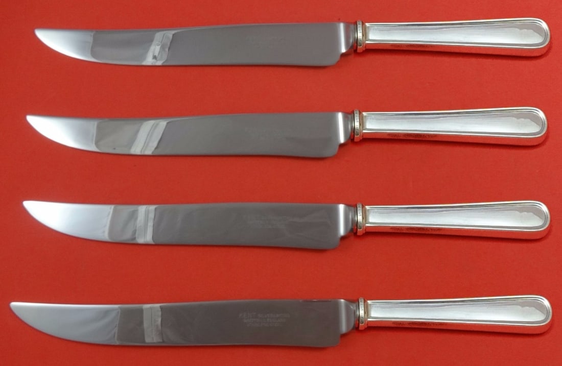 Calvert by Kirk Sterling Silver Steak Knife Set 4pc Texas Sized: Calvert by Kirk Sterling Silver Steak Knife Set 4pc Texas Sized Introducing the Calvert by Kirk Sterling Silver Steak Knife Set, a stunning collection designed for those who appreciate fine dining. Th