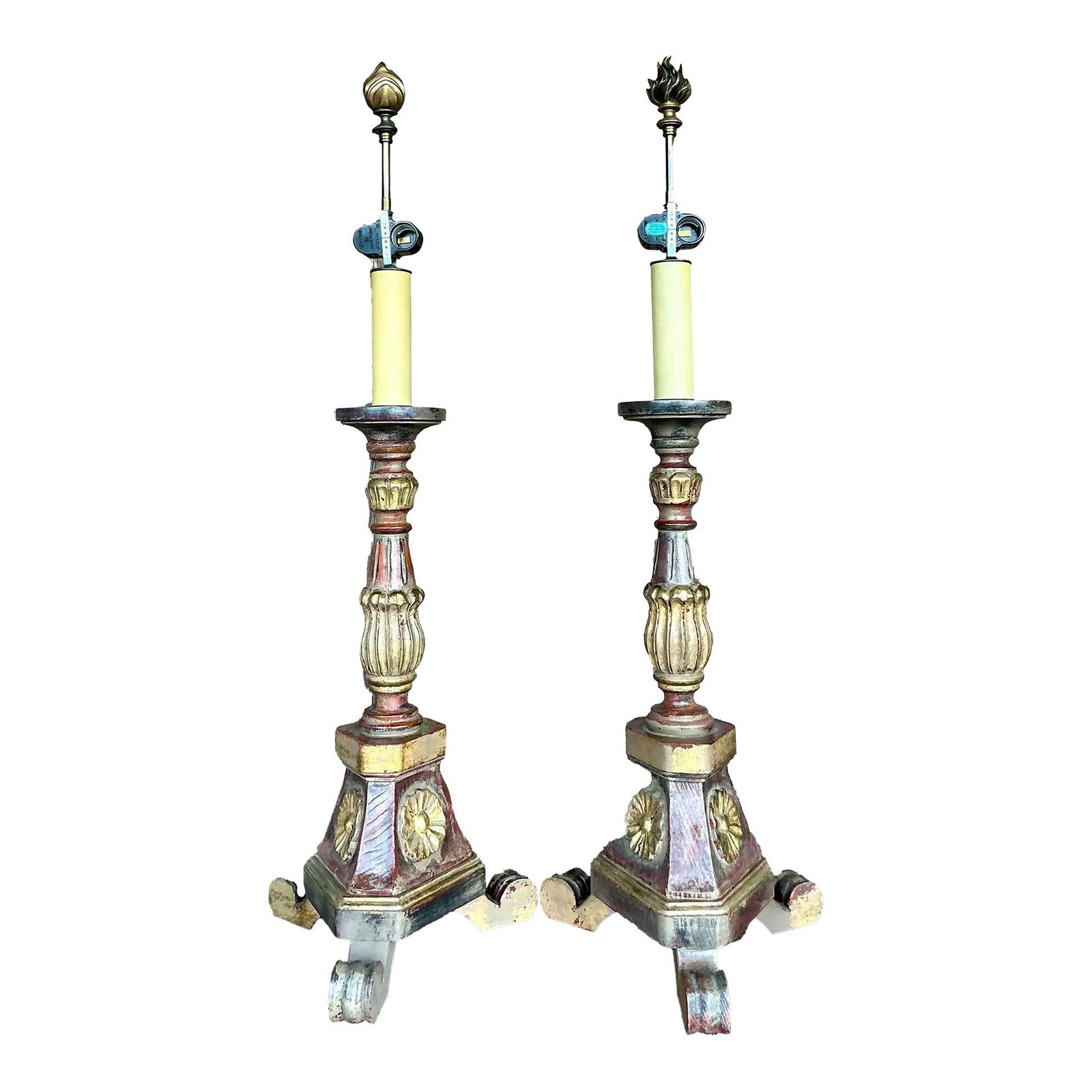 Vintage Boho Carved Wood Pricket Lamps Pair 38.25 Inches: Vintage Boho Carved Wood Pricket Lamps Pair 38.25 Inches Enhance your home with these Vintage Boho Carved Pricket Lamps, a stunning pair that infuses bohemian sophistication into any space. Crafted wi