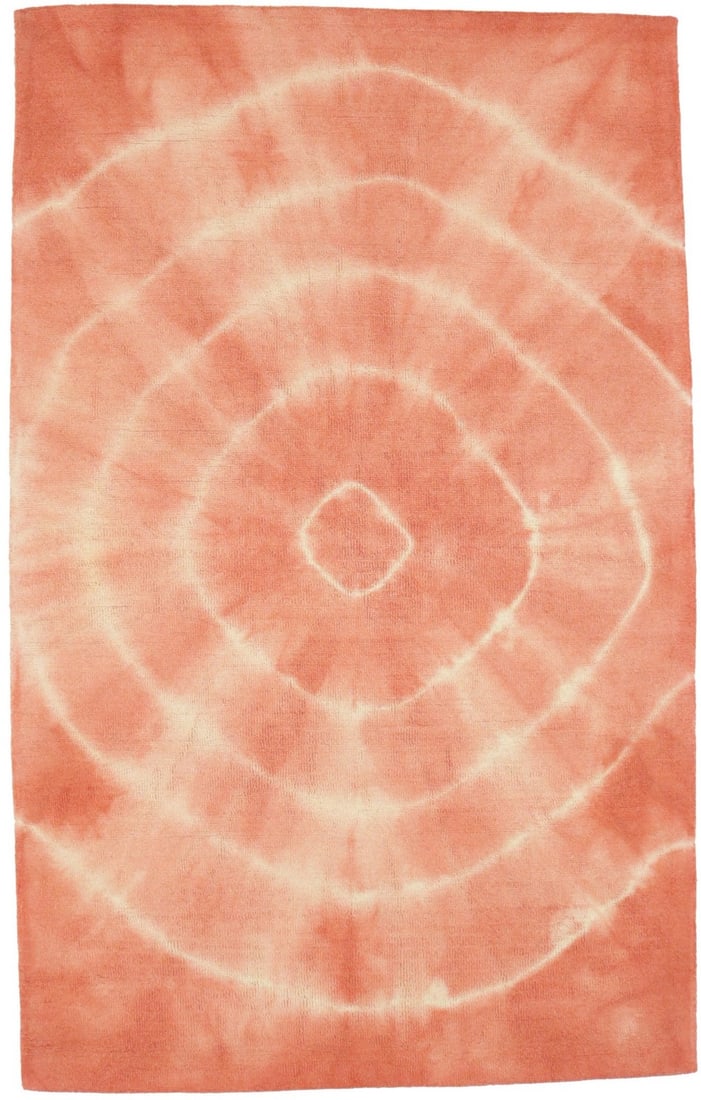 5x8 Coral Wool Hand-Tufted Modern Area Rug from India: 5x8 Coral Wool Hand-Tufted Modern Area Rug from India This hand-tufted modern rug features a striking coral tie-dye abstract design, adding a contemporary touch to any space. Made in India from wool, 