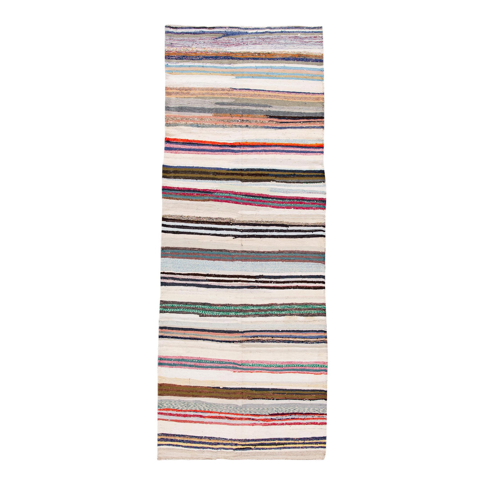 Vintage Kilim Handmade Wool Runner Ivory Stripes 5'2 x 13'11: Vintage Kilim Handmade Wool Runner Ivory Stripes 5'2 x 13'11 Enhance your space with this beautiful Vintage Kilim Hand-knotted Wool Runner featuring a stunning ivory field adorned with multicolored st
