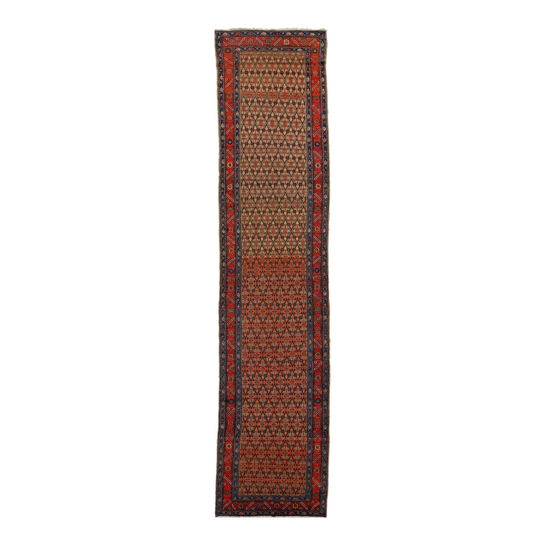 Antique Hamadan Persian Wool Runner 3'5 x 15'4 Geometric Design: Antique Hamadan Persian Wool Runner 3'5 x 15'4 Geometric Design This exquisite antique Hamadan Persian runner, crafted from premium wool, showcases a stunning all-over geometric design enriched with v