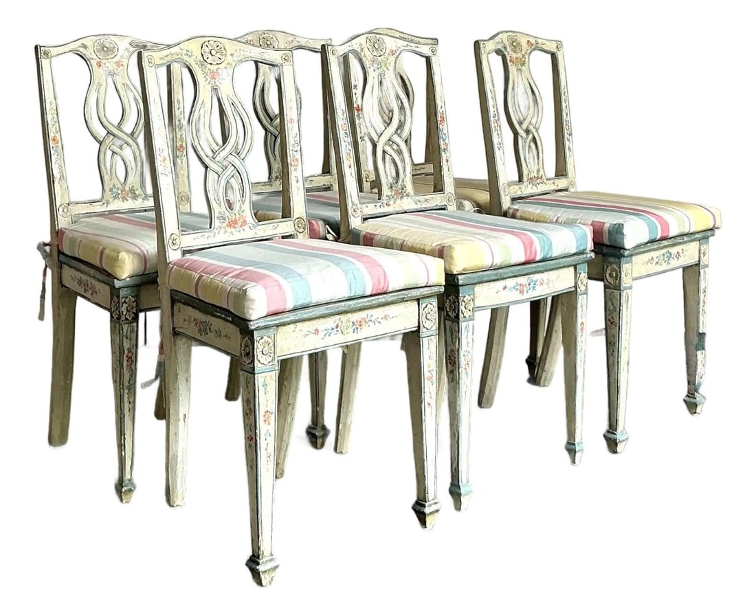 Set of 6 Italian Neoclassical Painted Cane Back Dining Chairs: Set of 6 Italian Neoclassical Painted Cane Back Dining Chairs This set of six vintage dining chairs showcases Italian Neoclassical style with hand-painted cream frames, featuring delicate floral motif