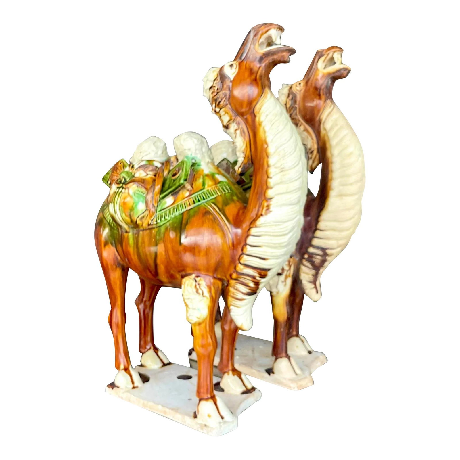 Vintage Boho Tri-Color Sancai Ceramic Camels Pair 16in: Vintage Boho Tri-Color Sancai Ceramic Camels Pair 16in This exquisite pair of vintage Boho ceramic camels features a stunning tri-colored Sancai glaze, showcasing an elegant design that complements an