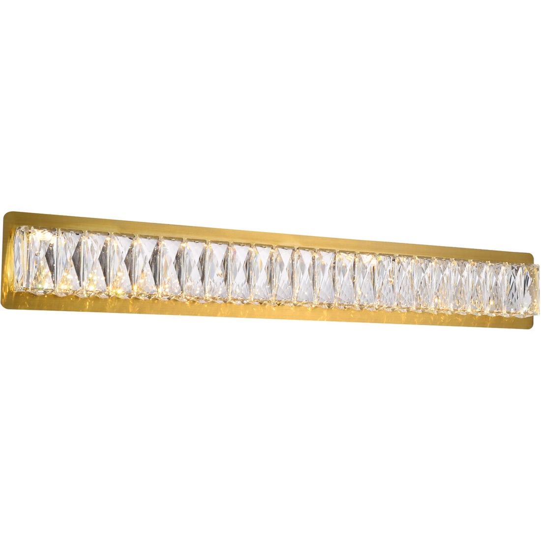 Monroe 31.9 in Gold Crystal LED Wall Sconce: Monroe 31.9 in Gold Crystal LED Wall Sconce Modern LED wall sconce with a gold finish and clear Royal Cut crystals. It is hardwired, dimmable, and designed for indoor use. The fixture can be mounted v