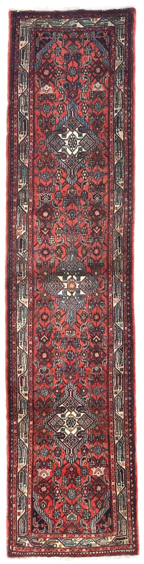 Hand-knotted wool tribal floral runner 2'8 x 10'5 vintage: Hand-knotted wool tribal floral runner 2'8 x 10'5 vintage Enhance your space with this exquisite narrow vintage handmade tribal floral oriental hallway runner rug, measuring 2'8" x 10'5". Crafted in W