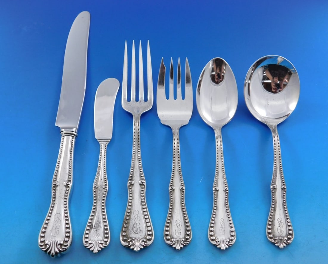 Frank M. Whiting Georgian Bead Sterling Silver Flatware Service for 8 52 Pieces: Frank M. Whiting Georgian Bead Sterling Silver Flatware Service for 8 52 Pieces This rare Frank M. Whiting Georgian Bead sterling silver flatware set, dating to circa 1895, includes 52 pieces designed